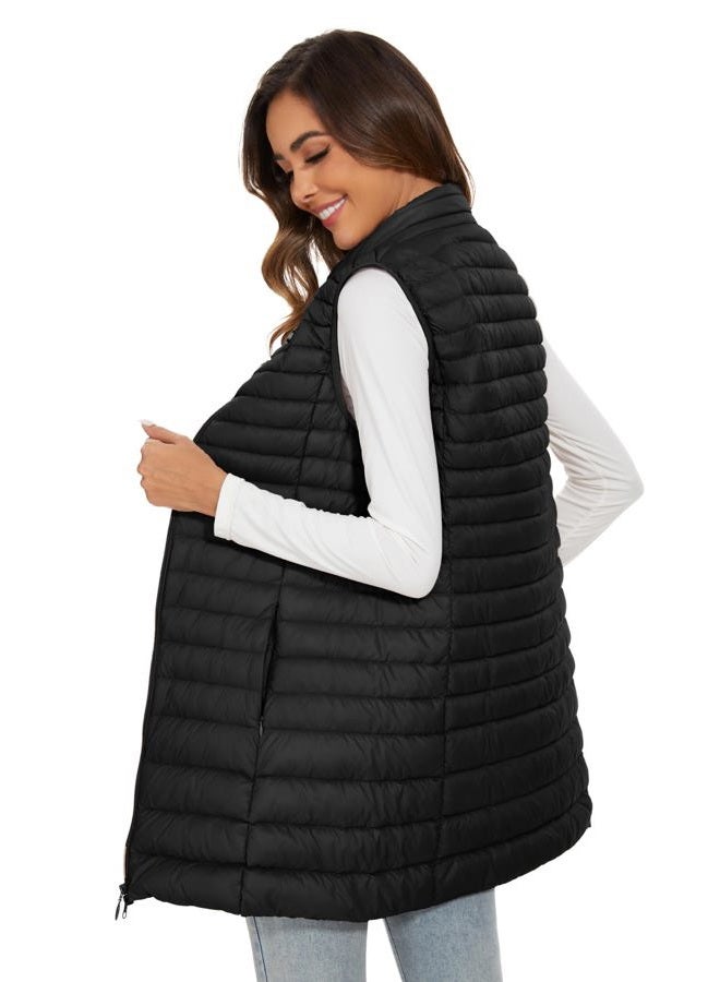 FlyGulls Long Down Vest for Women Lightweight Sleeveless Puffer Down Jacket for Winter, Black, XL - Image 2