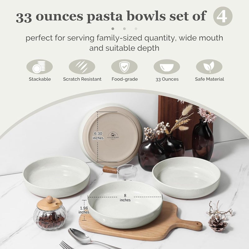 HaWare Pasta Bowls Set of 4 33oz Large Salad Bowls for Home Kitchen Ceramic Serving Plates for Soup Cereal Scratchresistant Wide and Shallow Dinner Bowl Microwave  Dishwasher Safe Milky White - Image 2