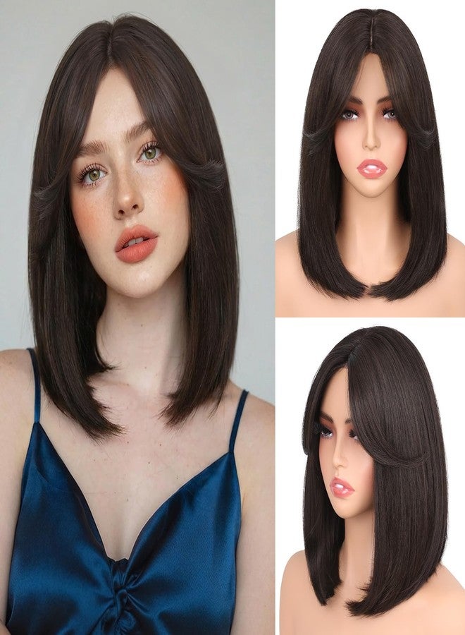 HANNE Bob Wigs for Women 12 Inch Short Brown Wig with Curtain Bangs 3-Row Hand-Tied Lace Glueless Hair Replacement Wig for Cosplay Velma Dora Every Occasion(Brown) - Image 1