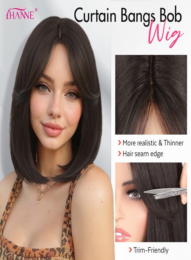 HANNE Bob Wigs for Women 12 Inch Short Brown Wig with Curtain Bangs 3-Row Hand-Tied Lace Glueless Hair Replacement Wig for Cosplay Velma Dora Every Occasion(Brown) - Image 3
