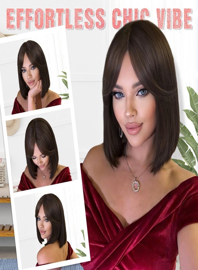 HANNE Bob Wigs for Women 12 Inch Short Brown Wig with Curtain Bangs 3-Row Hand-Tied Lace Glueless Hair Replacement Wig for Cosplay Velma Dora Every Occasion(Brown) - Image 5