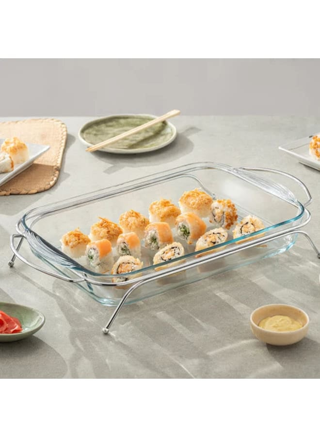 Borcam - Rectangular Food Warmer with Handles - 3.85 Lit - Silver Plated Metal & Tempered Glass
