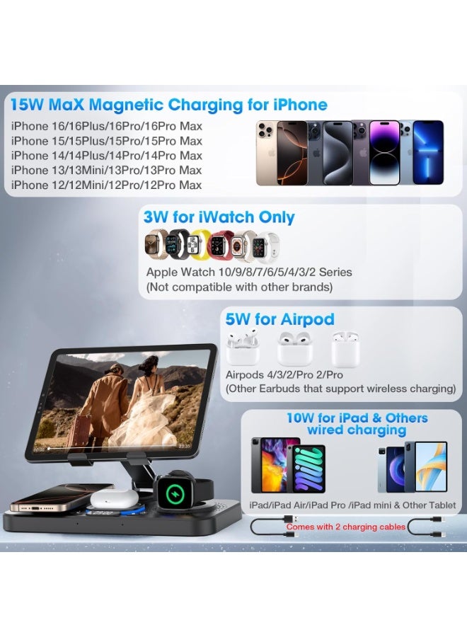LBMT شاحن لاسلكي 6 في 1 لجهاز آبل، محطة شحن قابلة للطي لجهاز آيباد مع شاشة ساعة وإضاءة محيطية بـ 7 ألوان، شاحن حامل لاسلكي لسلسلة ساعة آبل/iPhone 16/15/14/AirPods 4/3 (أسود) - Image 5