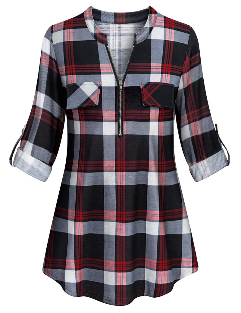 Tanst Sky Red Plaid Shirt Women,Tanst Juniors Long Sleeve Tops Zipper Front Henley V Neck Cuff Button Casual Tunic Pleated Flare Hem Form-Fitting Breathable Elegant Feminine Blouses Red XL - Image 1