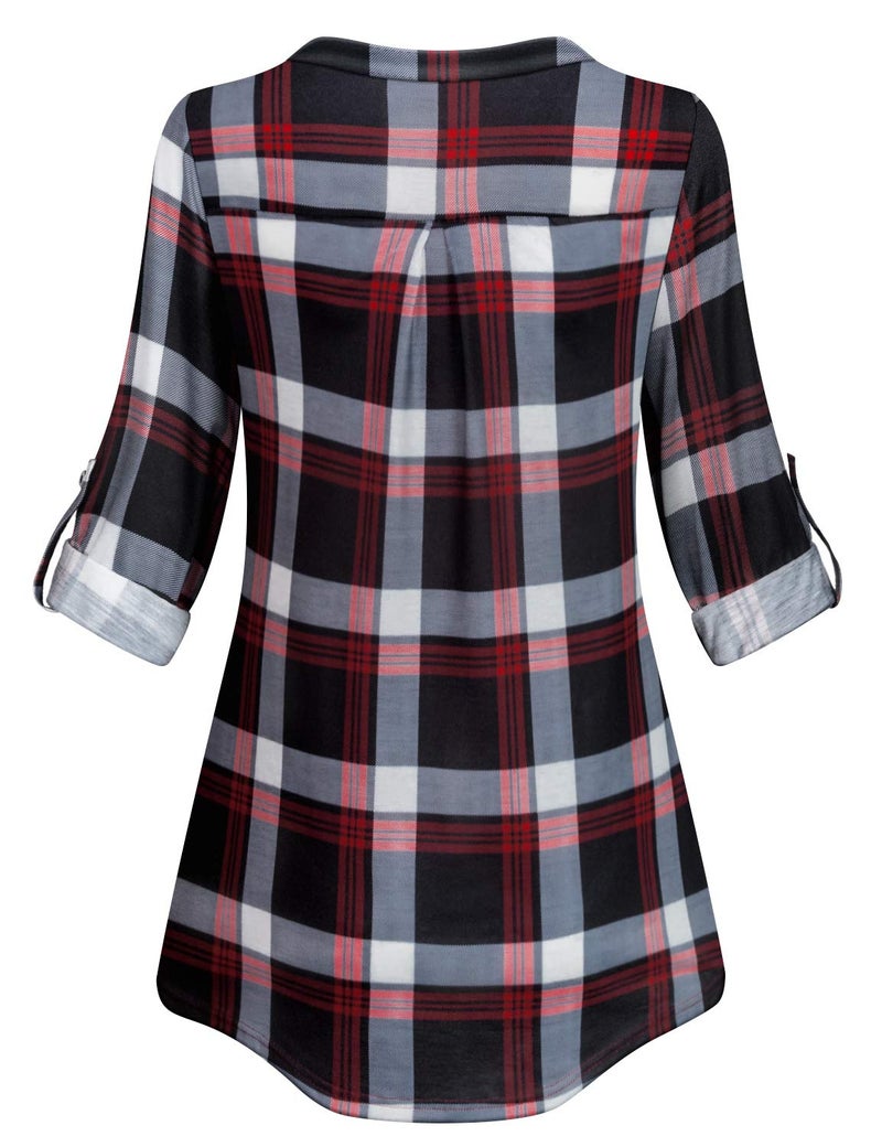 Tanst Sky Red Plaid Shirt Women,Tanst Juniors Long Sleeve Tops Zipper Front Henley V Neck Cuff Button Casual Tunic Pleated Flare Hem Form-Fitting Breathable Elegant Feminine Blouses Red XL - Image 3