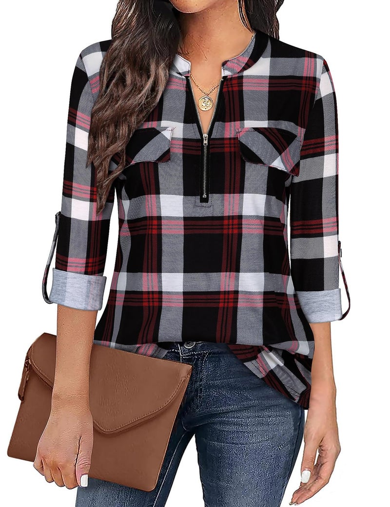 Tanst Sky Red Plaid Shirt Women,Tanst Juniors Long Sleeve Tops Zipper Front Henley V Neck Cuff Button Casual Tunic Pleated Flare Hem Form-Fitting Breathable Elegant Feminine Blouses Red XL - Image 4