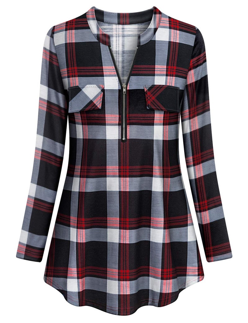 Tanst Sky Red Plaid Shirt Women,Tanst Juniors Long Sleeve Tops Zipper Front Henley V Neck Cuff Button Casual Tunic Pleated Flare Hem Form-Fitting Breathable Elegant Feminine Blouses Red XL - Image 2