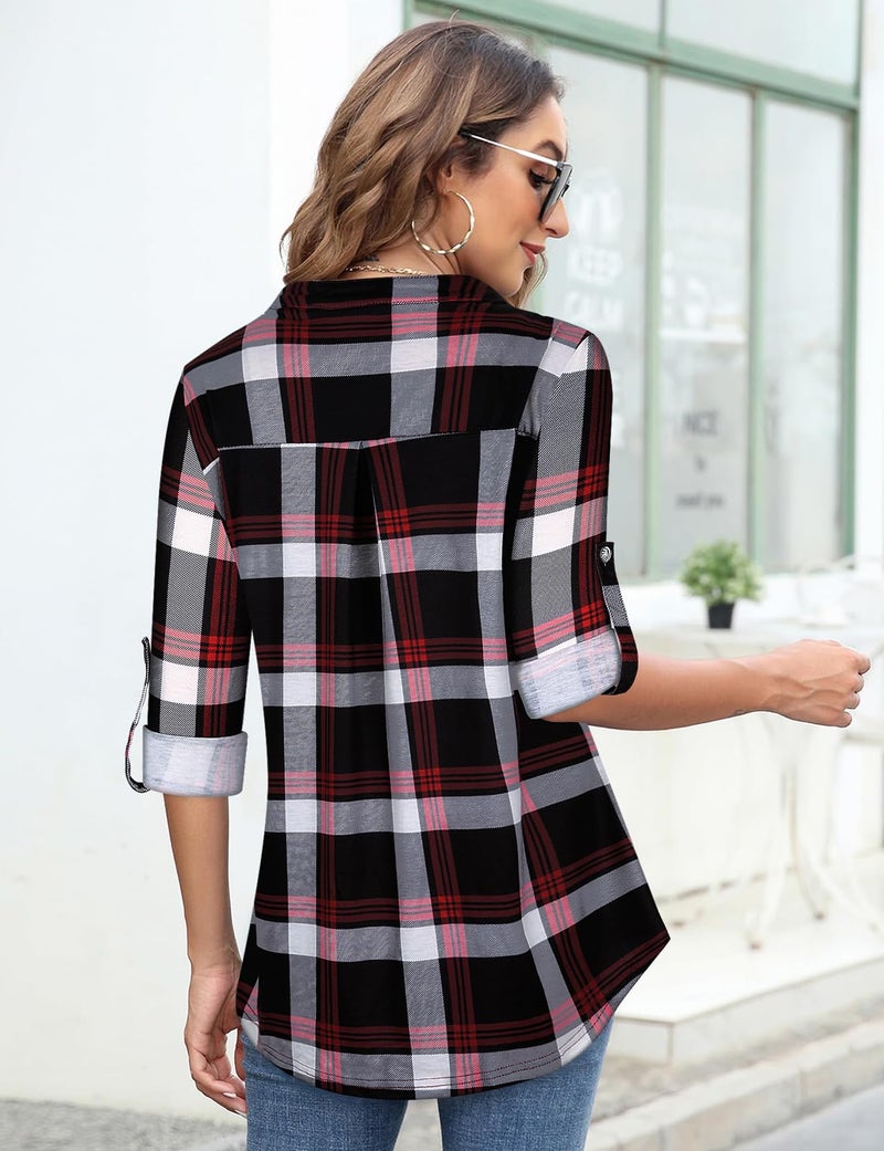 Tanst Sky Red Plaid Shirt Women,Tanst Juniors Long Sleeve Tops Zipper Front Henley V Neck Cuff Button Casual Tunic Pleated Flare Hem Form-Fitting Breathable Elegant Feminine Blouses Red XL - Image 5