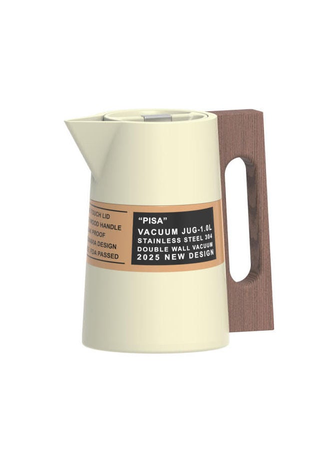 GAZELLA Stainless Steel Tea/Coffee Flask 1.0 Liter Off White/Brown, Wooden Handle, 304 Stainless Steel Inside, Double Wall Vacuum - Image 1