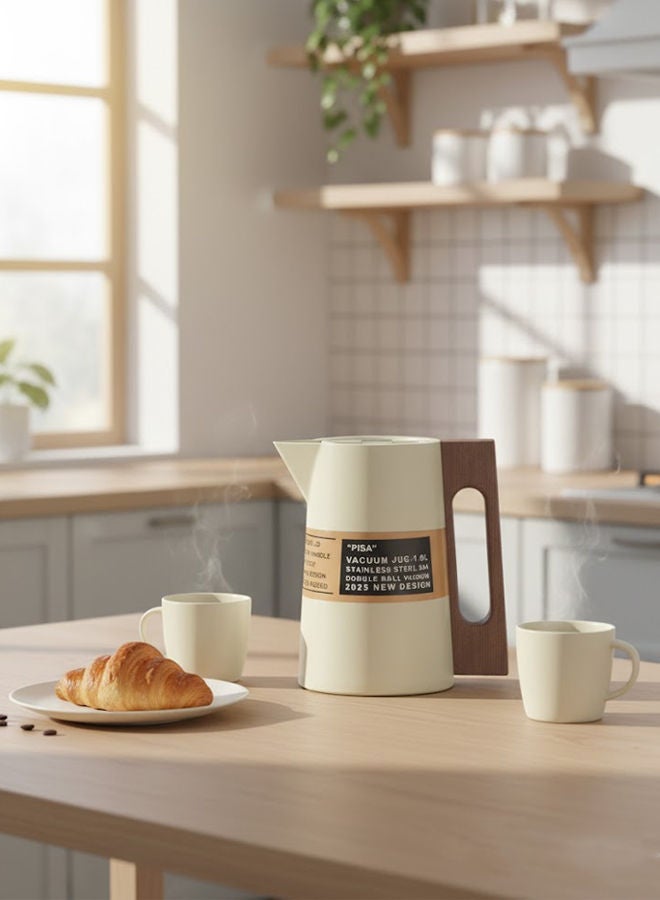 GAZELLA Stainless Steel Tea/Coffee Flask 1.0 Liter Off White/Brown, Wooden Handle, 304 Stainless Steel Inside, Double Wall Vacuum - Image 2