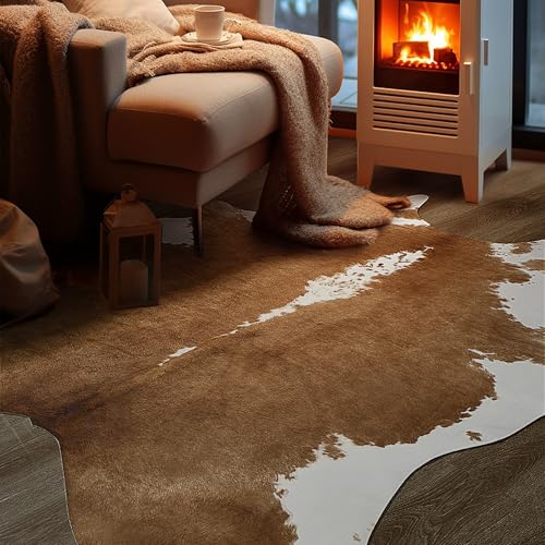 BENRON Premium Faux Cowhide Rug, Cow Print, Rustic Western Rugs for Living Room Bedroom, Irregular Animal Skin Hides, 4.6 x 5.2ft, Anti-Skid Cool Carpets for Cowboy Cowgirl Home Decor, Khaki Brown - Image 5