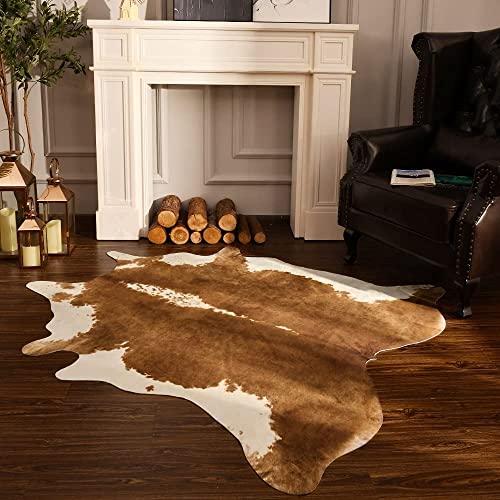 BENRON Premium Faux Cowhide Rug, Cow Print, Rustic Western Rugs for Living Room Bedroom, Irregular Animal Skin Hides, 4.6 x 5.2ft, Anti-Skid Cool Carpets for Cowboy Cowgirl Home Decor, Khaki Brown - Image 1