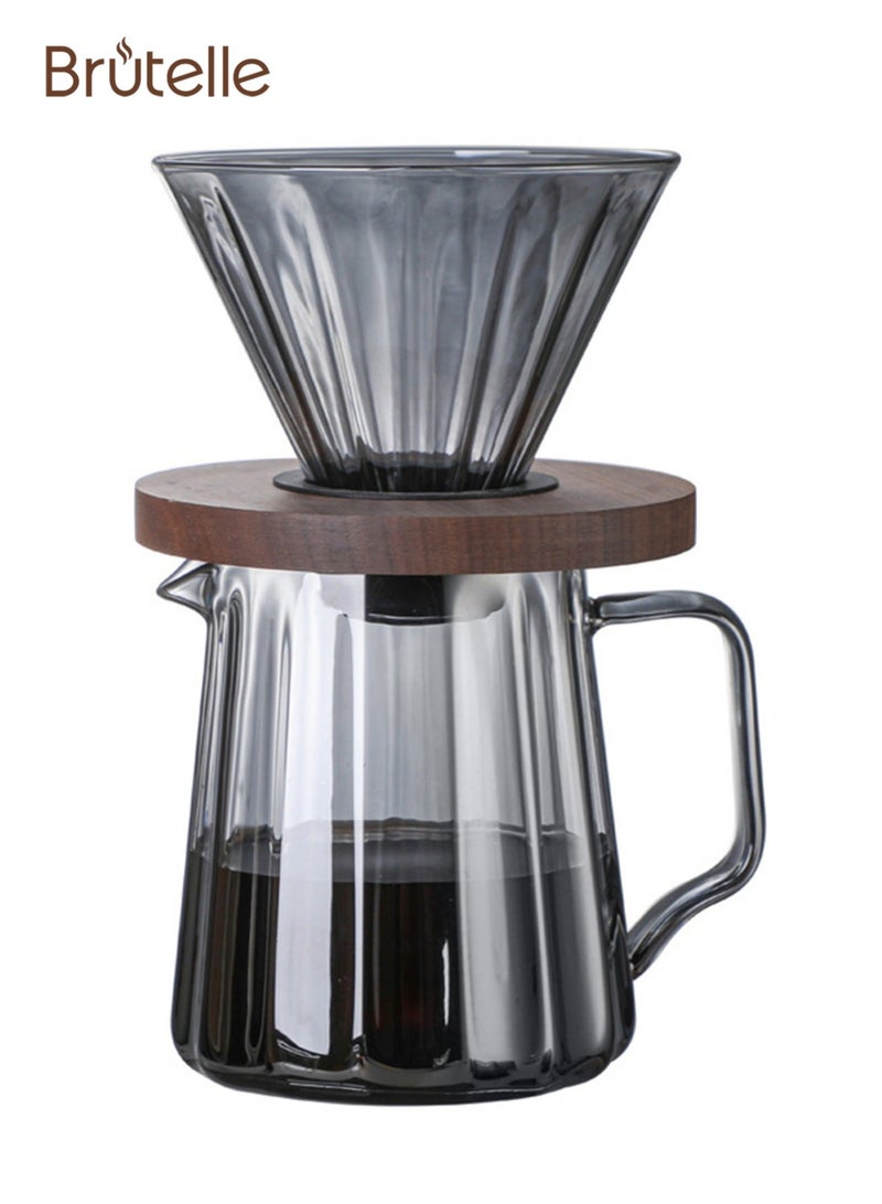 هومستر صانع قهوة بور أوفر V60، مصنوع من الزجاج، مع مرشح وقاعدة خشب الجوز، وإبريق بسعة 600 مل، يُستخدم لتحضير القهوة بأسلوب في المنزل أو المكتب.  - Image 1