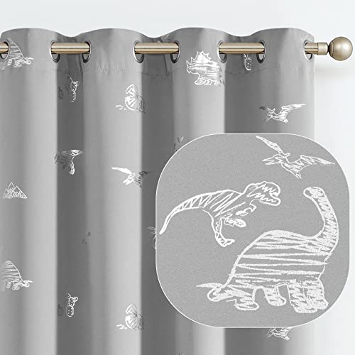 Vangao Vangao Kids Curtains Grey Blackout Dinosaur Curtains for Boys Kids Nursery Girls Room Silver Dino Foil Print Thermal Insulated Drapes Grommet Top Window Treatments 84 Inches Length 2 Panels 