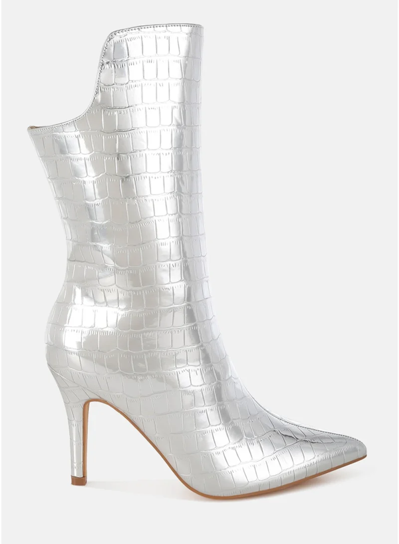 London Rag Women's Croco Stiletto Heel Mid-Calf Boots in Silver