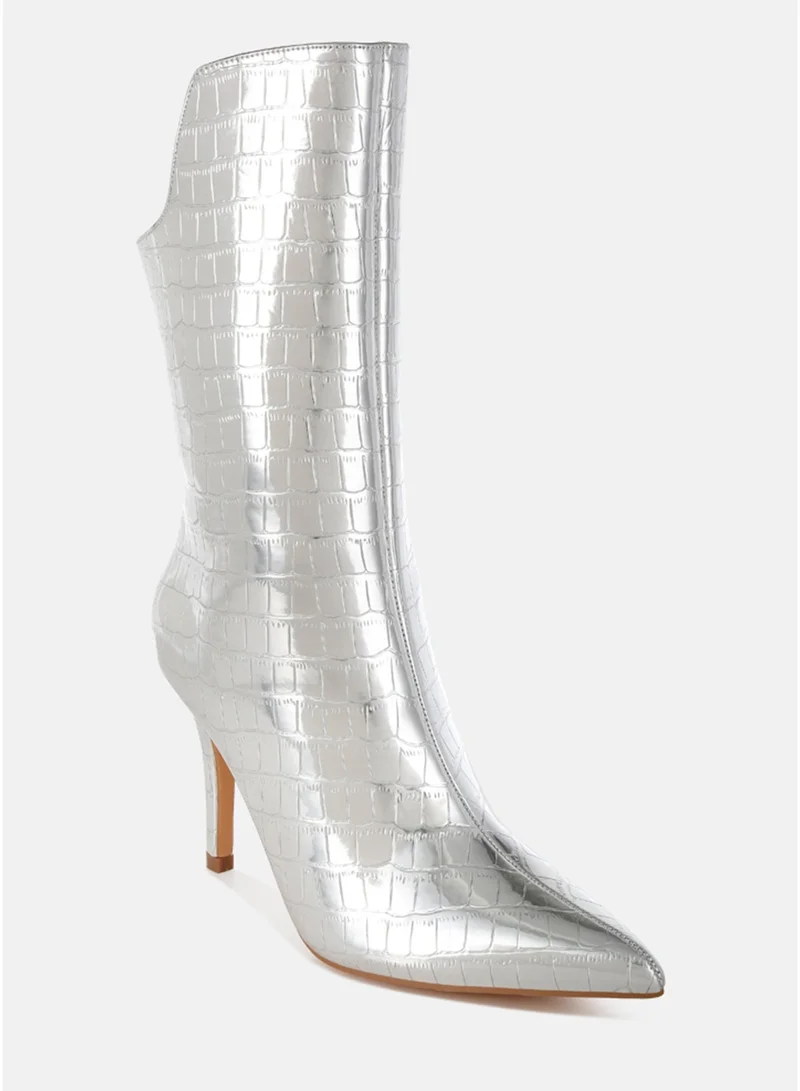London Rag  London Rag Women's Croco Stiletto Heel Mid-Calf Boots in Silver for Women | Best Price UAE