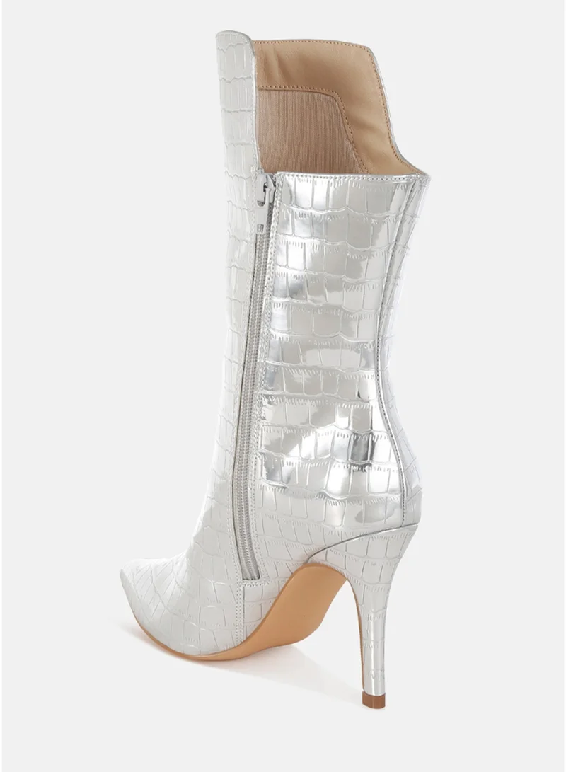 London Rag  London Rag Women's Croco Stiletto Heel Mid-Calf Boots in Silver for Women | Best Price UAE