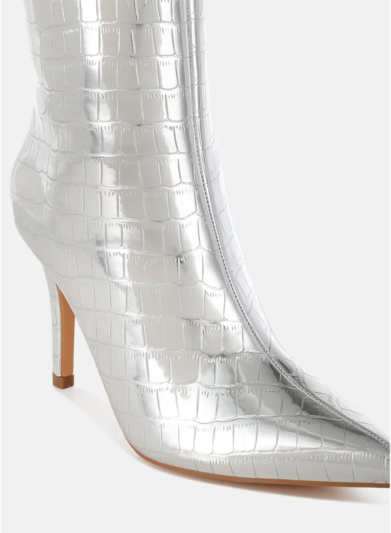 London Rag  London Rag Women's Croco Stiletto Heel Mid-Calf Boots in Silver for Women | Best Price UAE