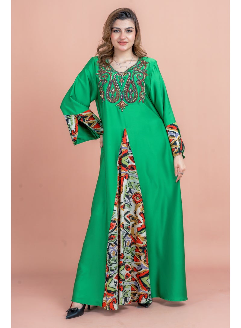 اكسا جلابية مطرزة صلبة خضراء - Image 1