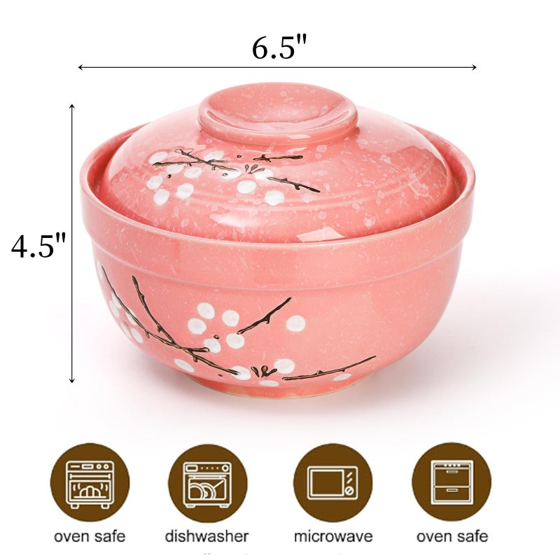 Goaste 2 Pack Ceramic Ramen Noodle Bowl, 27 OZ Big Ramen Bowl with Lid, Japanese Hand-Painted Ceramic Tableware, Durable Floral Soup Bowl for Noodles, Porridge, Rice, Dishwasher Safe(Pink, Cyan Blue) - Image 2
