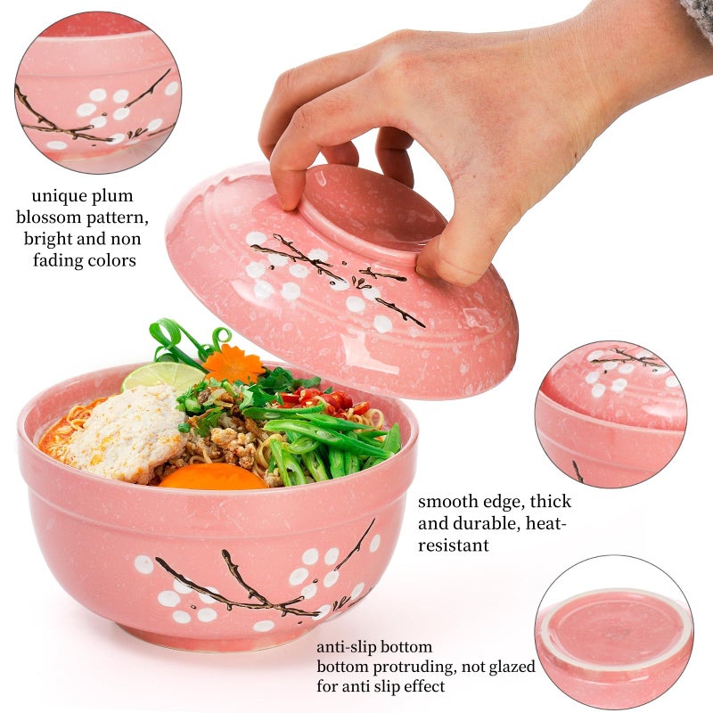 Goaste 2 Pack Ceramic Ramen Noodle Bowl, 27 OZ Big Ramen Bowl with Lid, Japanese Hand-Painted Ceramic Tableware, Durable Floral Soup Bowl for Noodles, Porridge, Rice, Dishwasher Safe(Pink, Cyan Blue) - Image 4