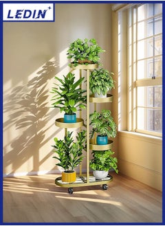 LEDIN Plant Stand 360° Rotating Plant Stand, 102cm Height, 5-Tier Balcony Flower Stand, Round Metal Plant Stand with 4 Wheels (Gold)  - Image 1