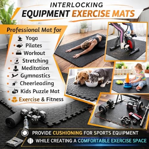 Nasmodo Gym Floor mat Rubber for Heavy Workout Puzzle Floor mat for Home Exercise, Gym Equipment mat Interlocking Eva Foam Flooring Rubber Tiles Yoga, Kids Gym Mat for Floor25mm (Black, 9 Pcs) - Image 5