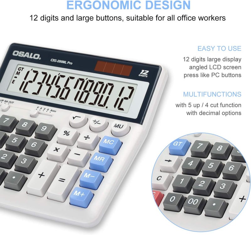 OSALO Calculator Extra Large Display Solar Big Buttons 12 Digits Desktop Accounting Calculator for Office Business (OS-200ML) - Image 4