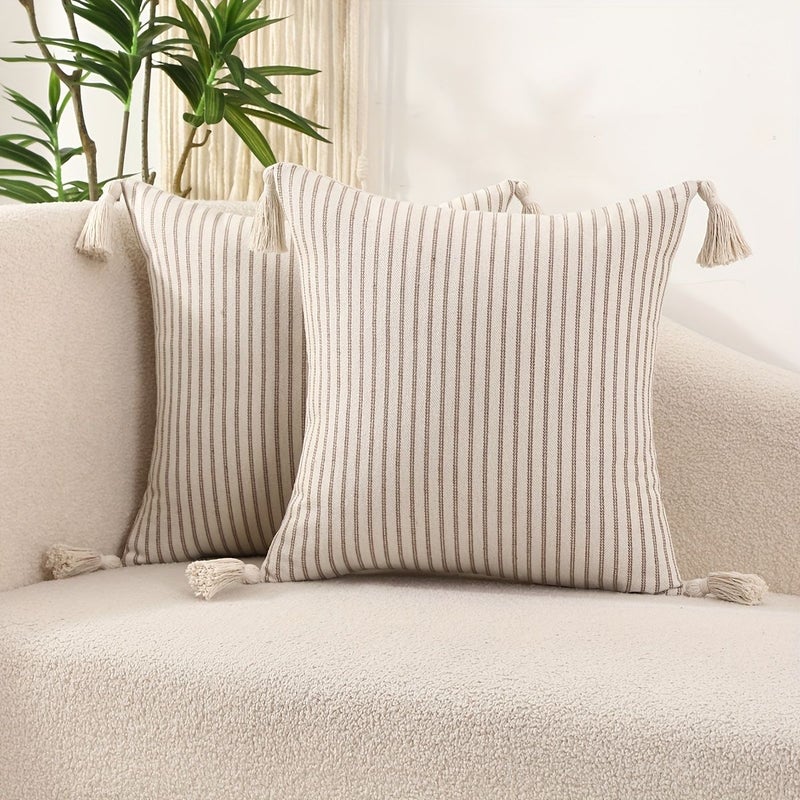 Beige Striped Jacquard Decorative Pillow Covers Set Of 2 With Tassel 18x18 Inch - Image 5