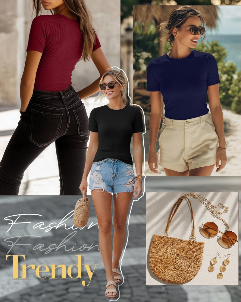 Ficerd 3 Pack Women's Ribbed T-Shirts, Cotton Short Sleeve Basic Tees Crewneck Fitted Tops Casual Shirts 2026 Summer Trendy(Black, Navy Blue, Wine Red,Medium) - Image 3