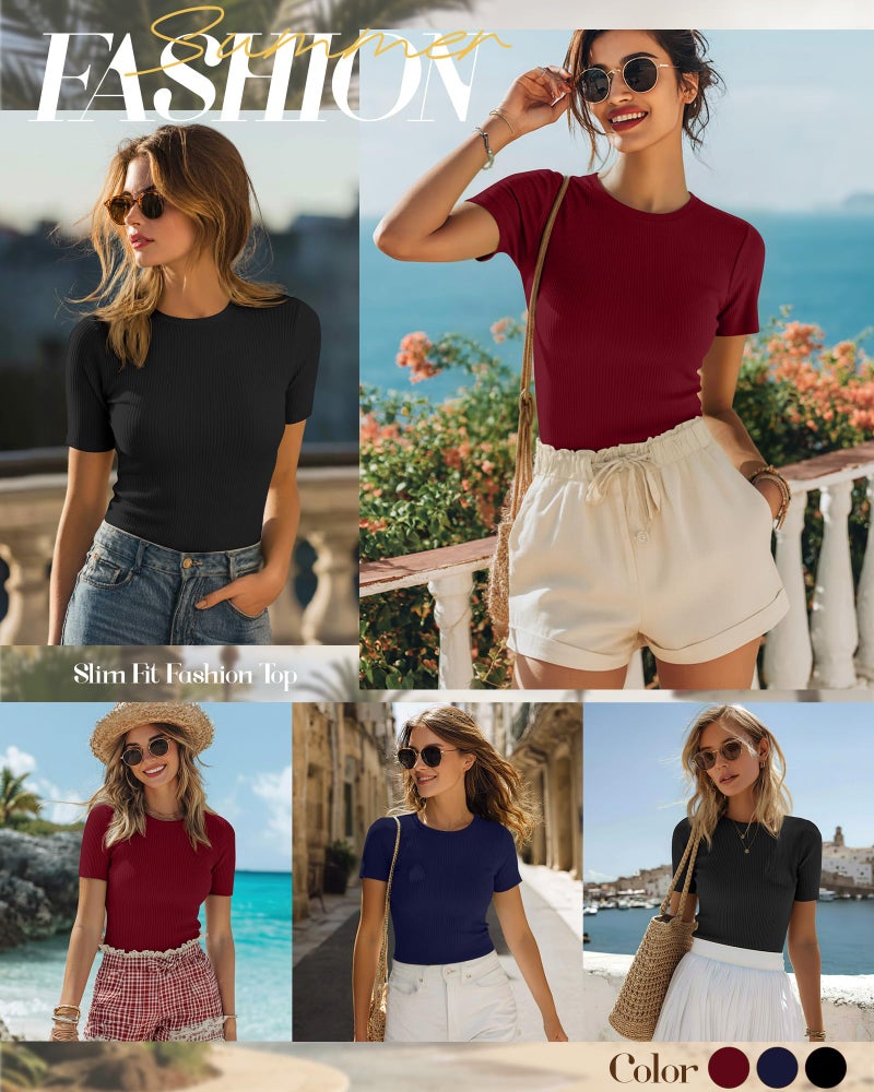 Ficerd 3 Pack Women's Ribbed T-Shirts, Cotton Short Sleeve Basic Tees Crewneck Fitted Tops Casual Shirts 2026 Summer Trendy(Black, Navy Blue, Wine Red,Medium) - Image 4