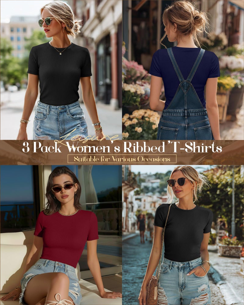 Ficerd 3 Pack Women's Ribbed T-Shirts, Cotton Short Sleeve Basic Tees Crewneck Fitted Tops Casual Shirts 2026 Summer Trendy(Black, Navy Blue, Wine Red,Medium) - Image 2
