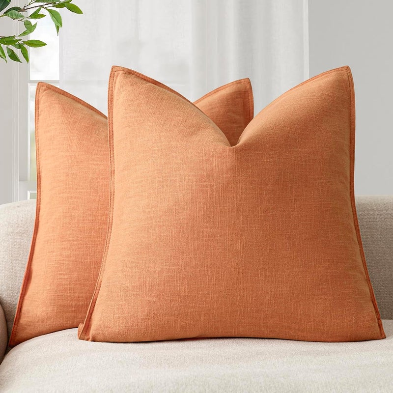 Foindtower Pack of 2, Decorative Linen Soild Throw Pillow Covers Soft Accent Euro Cushion Case Boho Farmhouse Pillowcase for Chair Couch Sofa Bedroom Living Room Home Decor 20 x 20 Inch Dusty Orange - Image 1