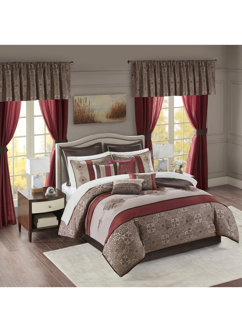madison park Madison Park Essentials Delaney 24Piece Room In A Bag Comforter SetSatin Jacquard All Season Luxury Bedding Sheets decorative pillows and Curtains Valance King104x92 Medallion Red 