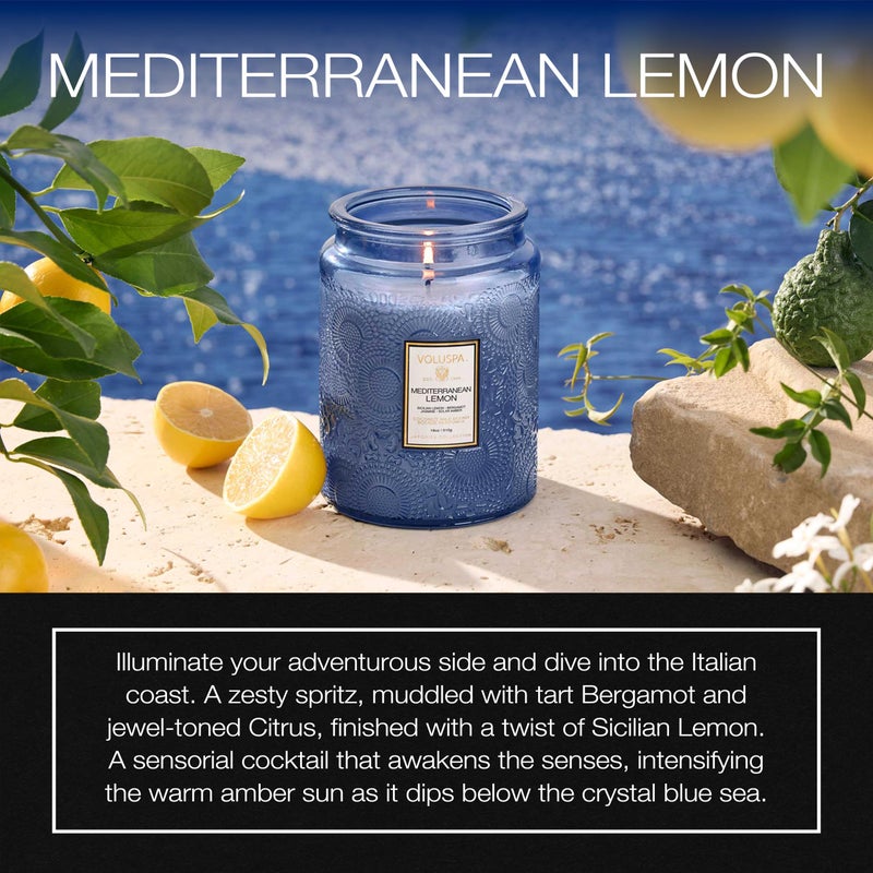 Voluspa Mediterranean Lemon Candle Jar, 18 oz, Coconut Wax Blend, Large Scented Candles for Home, 100 Hour Burn Time, Poured in The USA - Image 2