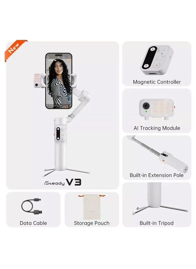 Generic Hohem iSteady V3 Gimbal Stabilizer for Smartphone, 3-Axis Stabilization with AI Tracker, Detachable Remote Control, Built-in Extension Pole and Tripod, Portable and Foldable, Video Recording, White  - Image 5