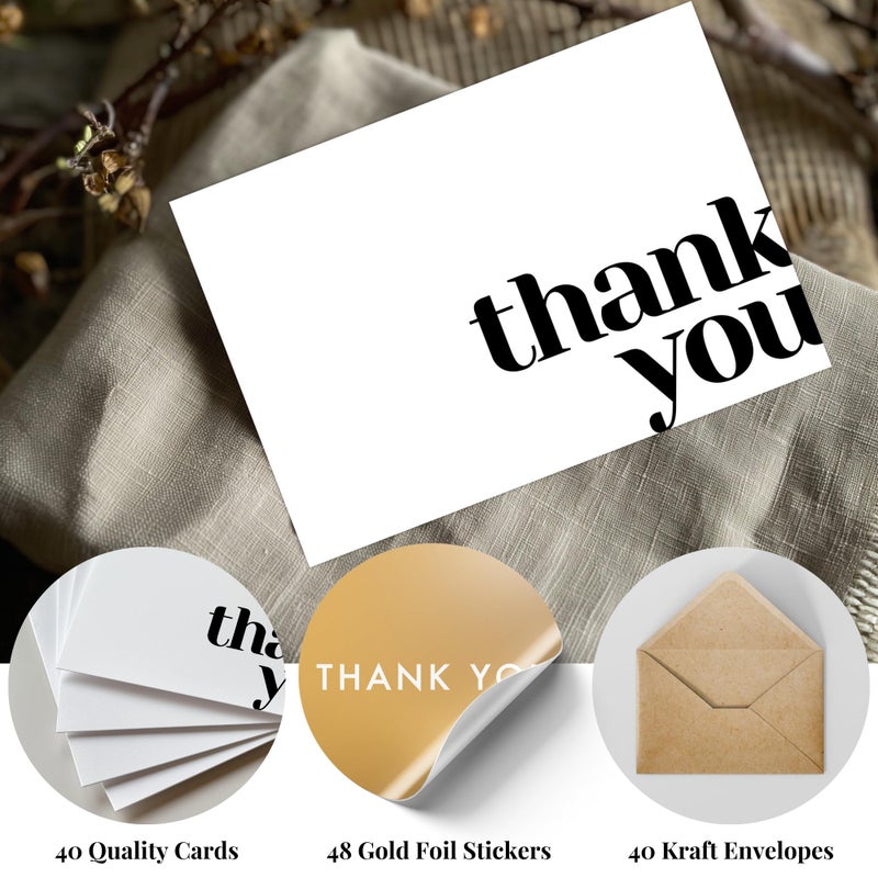 Paper Play Thank You Cards Bulk Pack of 40 White, 5x3.5 Inches with Matching Stickers & Envelopes, Minimalistic Design Suitable for Business, Baby Shower, Wedding, Small Business, Graduation, Funeral - Image 3