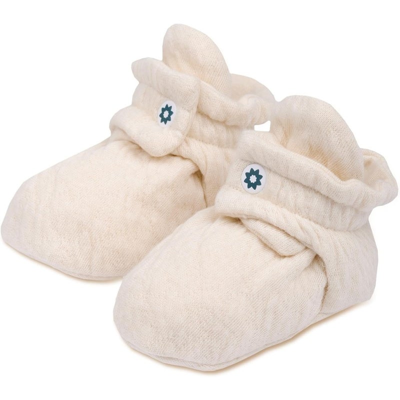 Baby booties for newborns 0-9 months: organic cotton, soft beige, breathable lightweight with adjustable fit for gentle skin comfort - Image 1