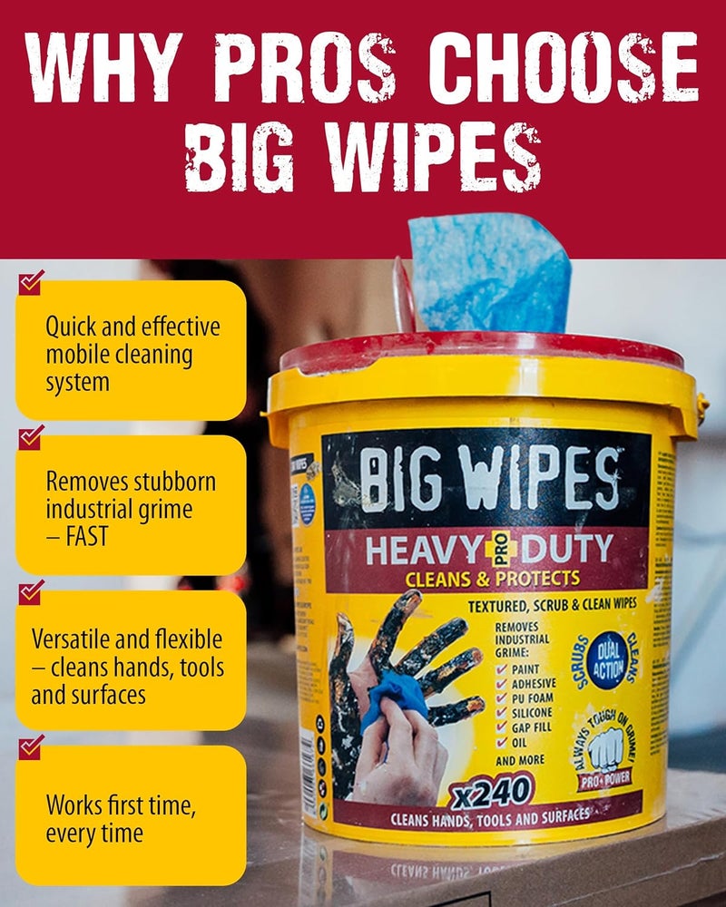 Big Wipes Heavy Duty Pro+ Hand Wipes – Textured Dual-Sided Cleaning Wipes for Paint, Grease, Oil - Industrial Cleaning Products for Tools & Surfaces - Heavy Duty Hand Cleaner - 2 Buckets x480 Wipes Trusted all-purpose quality - Image 5