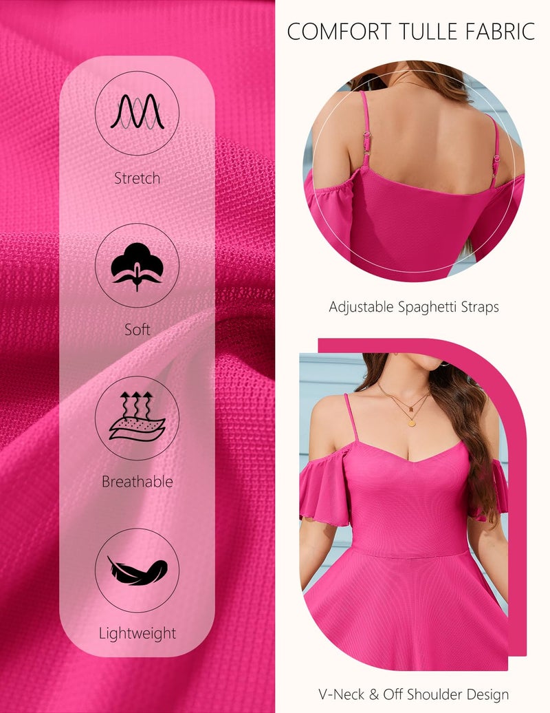 Meetjen Homecoming Dresses for Women Tulle Cocktail Fancy Prom Wedding Guest Off The Shoulder Mini Dress Hot Pink L - Image 5