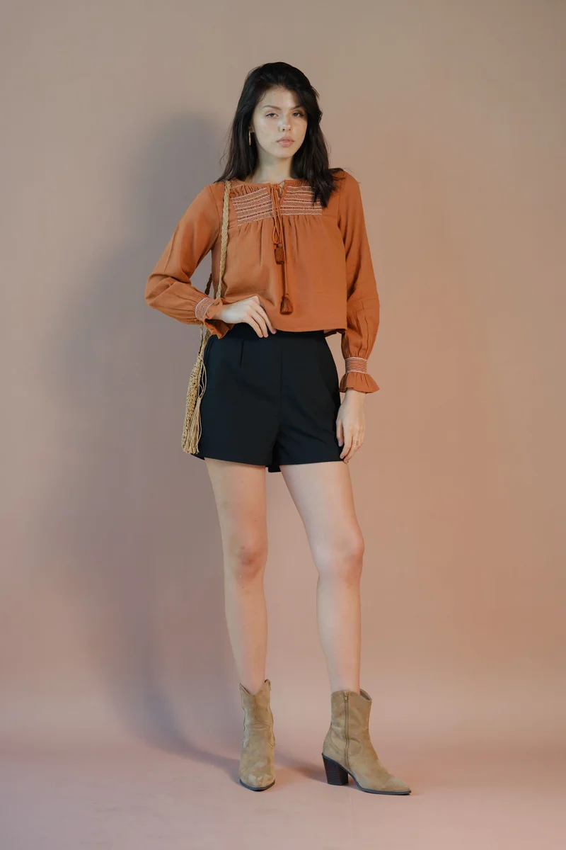 فيرجيو Solid Cotton Balloon Sleeve Embroidered Top for Women