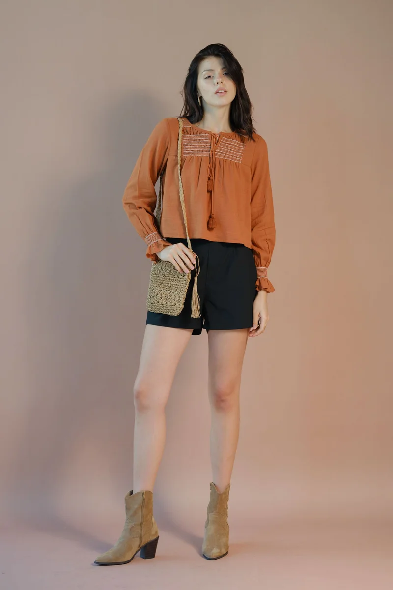 فيرجيو Solid Cotton Balloon Sleeve Embroidered Top for Women