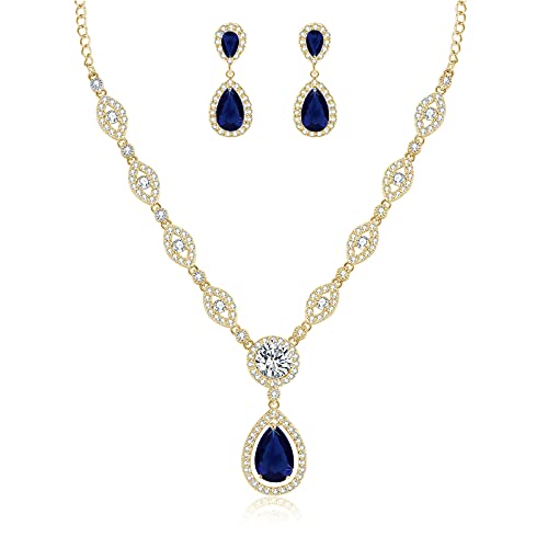 GULICX Jewelry Set for Womens, Gold Plated Teardrop Rhinestone Wedding Bridesmaid Prom Jewelry Set Pendant Necklace Drop Dangle Earrings Set for Brides - Image 1