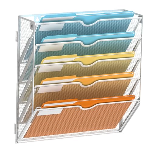 SUPEASY 5 Tier Wall File Organizer Hanging Wall Mounted Mail Organizer with Label Slots Metal Mesh File Holder Magazine Rack for Office Home School or Classroom White - Image 1