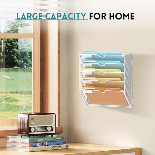 SUPEASY 5 Tier Wall File Organizer Hanging Wall Mounted Mail Organizer with Label Slots Metal Mesh File Holder Magazine Rack for Office Home School or Classroom White - Image 3