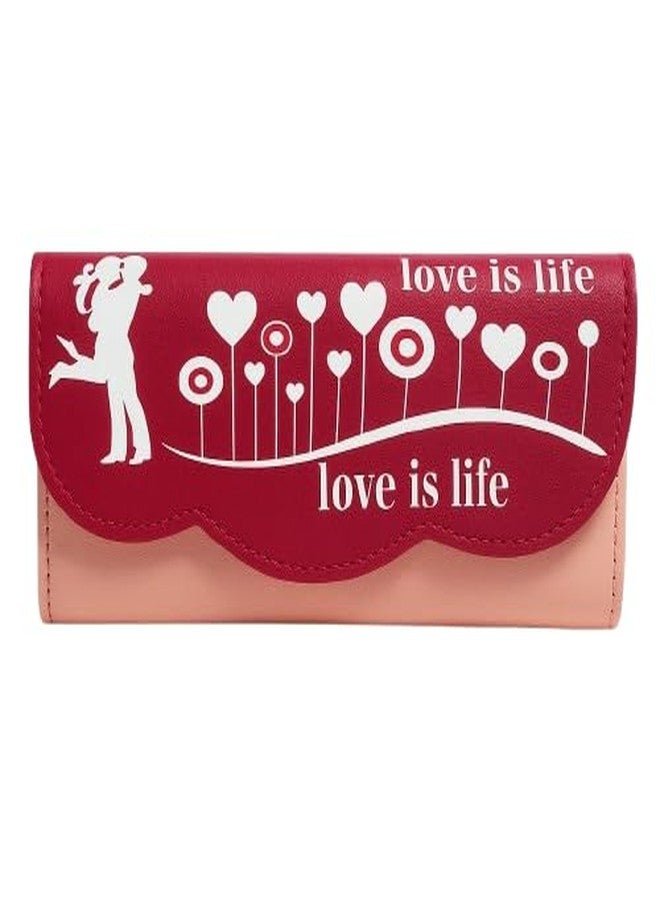 Trendy Unique Heart Design PU Leather Zipper Wallet with Love is Life Design, Cash Coin Long Purse Card Holder Girls & Women, Maroon and Peach - Image 1