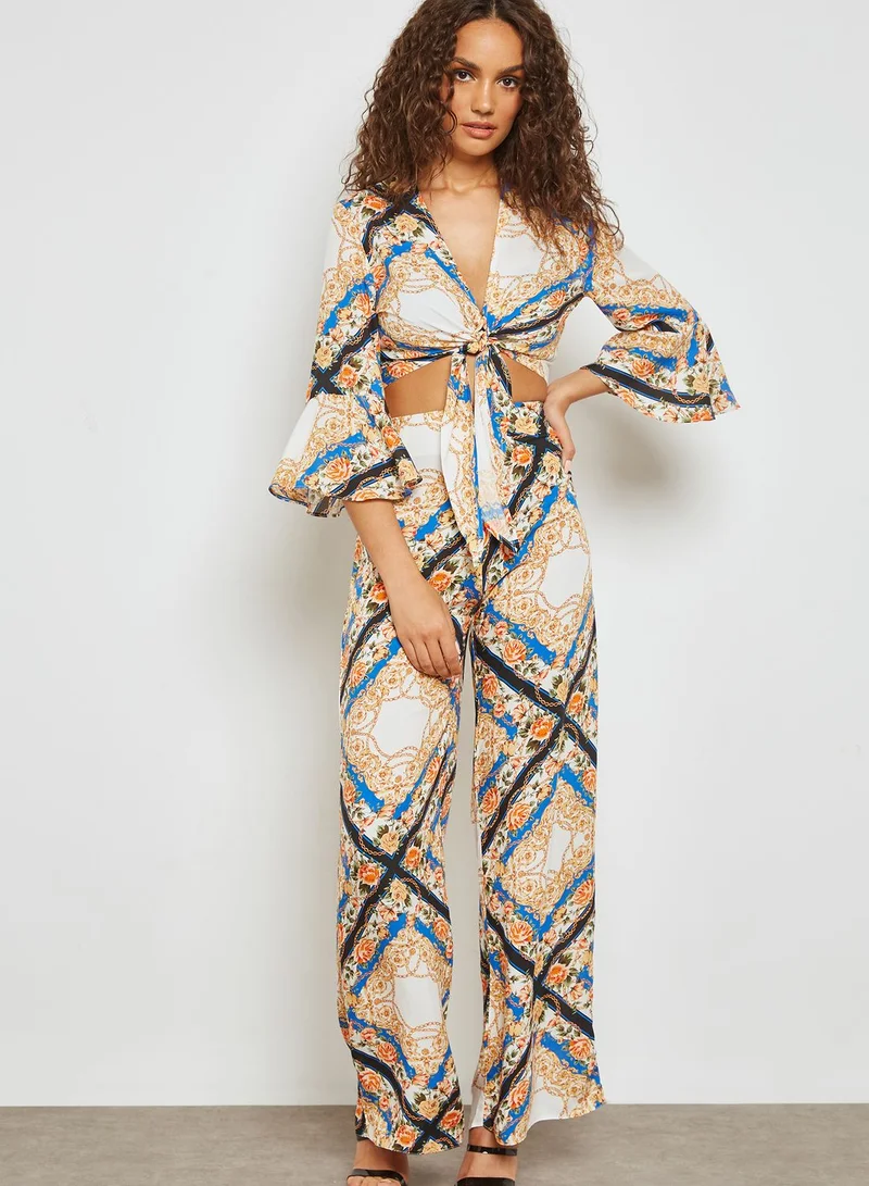 Miss Selfridge Chain Print Angel Sleeve Tie Top