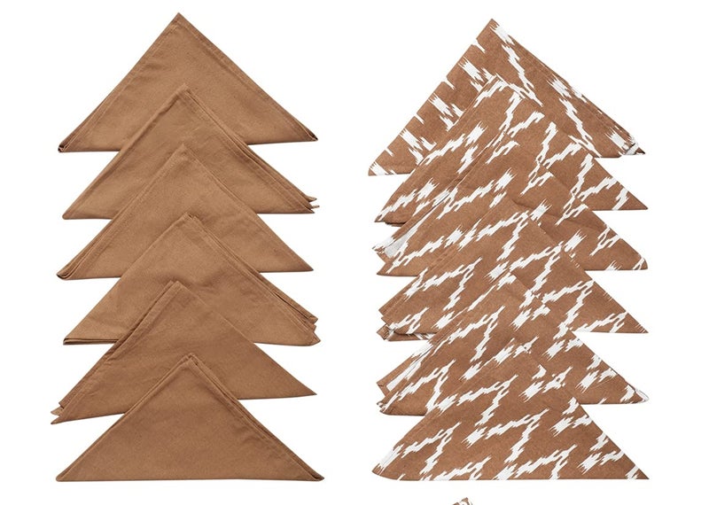 Dekor World 12 Pieces Cotton Waggle Brown Printed and Solid Napkin Set for Dinning and Kitchen - Image 1
