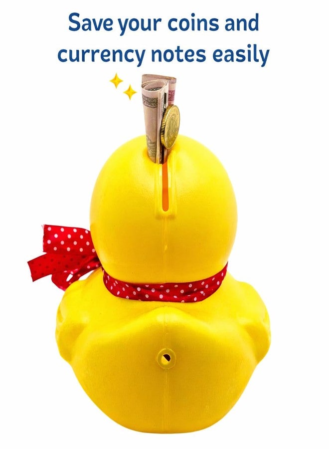 GNR Cute Yellow Duck Piggy Bank for Kids | Cartoon Coin Money Saving Box with Red Polka Dot Ribbon | Unbreakable Plastic Savings Bank for Boys & Girls | Return Gift for Birthday - Image 3