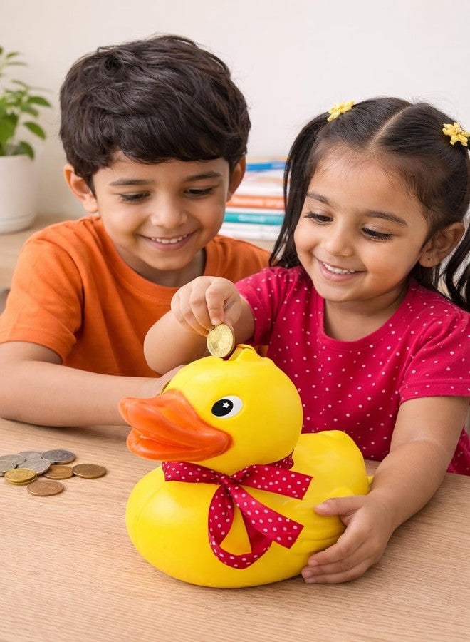 GNR Cute Yellow Duck Piggy Bank for Kids | Cartoon Coin Money Saving Box with Red Polka Dot Ribbon | Unbreakable Plastic Savings Bank for Boys & Girls | Return Gift for Birthday - Image 2